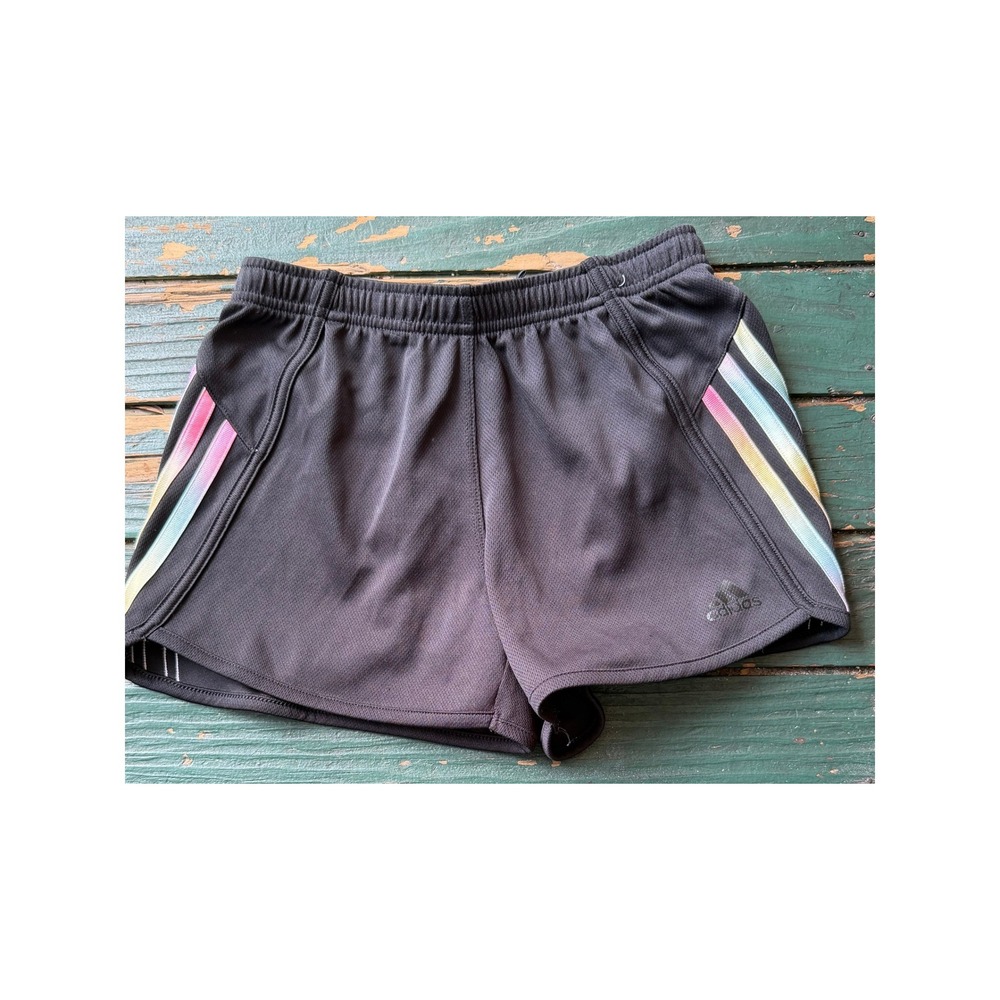 Adidas‎ Girls Black Rainbow Stripe Mesh Athletic Shorts Size Medium M 10/12